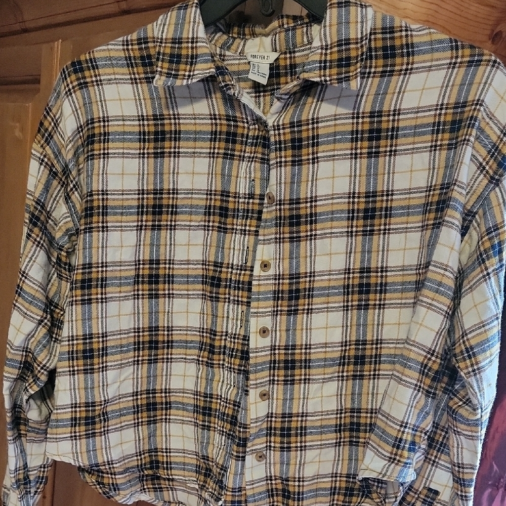 Forever 21 White and Yellow Plaid Button-Down Shirt